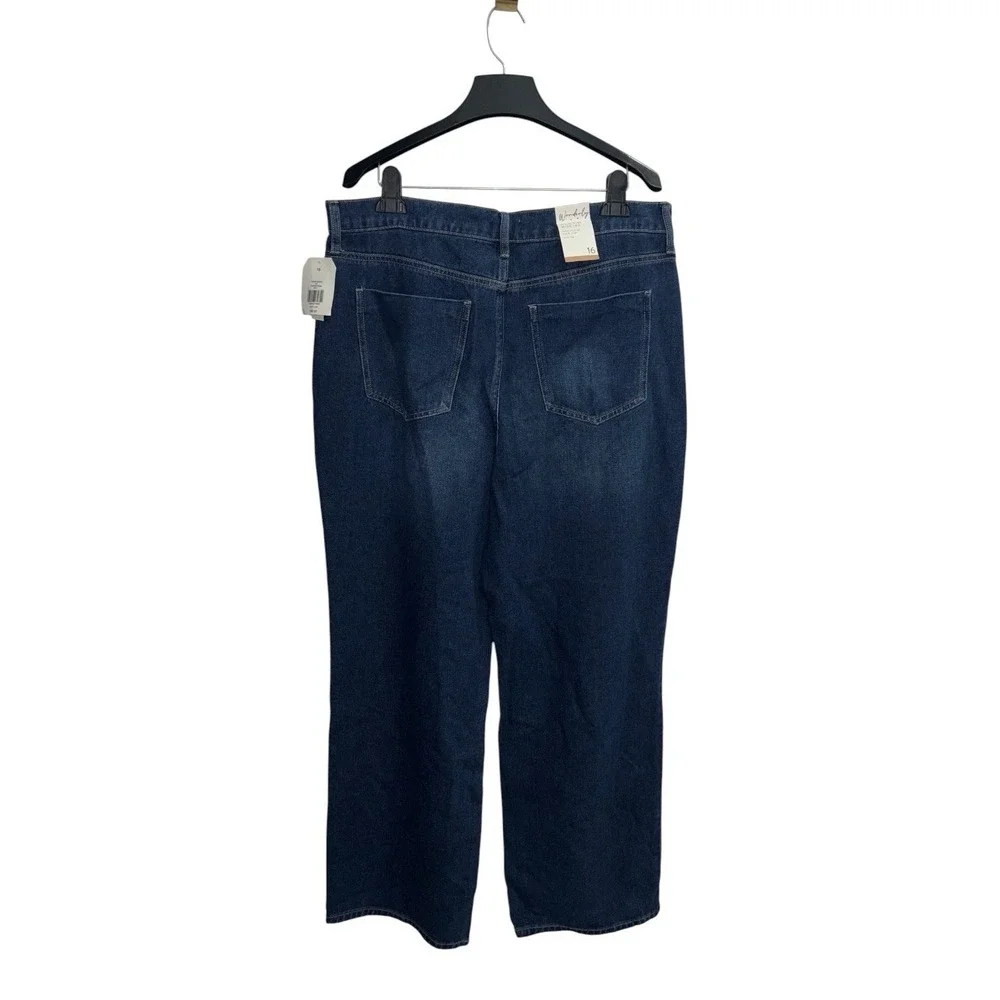 NWT Wonderly High Rise Wide Leg Jeans 16 Tall Long Dark Wash 100% Cotton Pleated